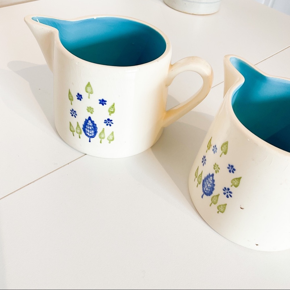 Vintage Hand Painted Creamer Set Blue Floral Turquoise Interior